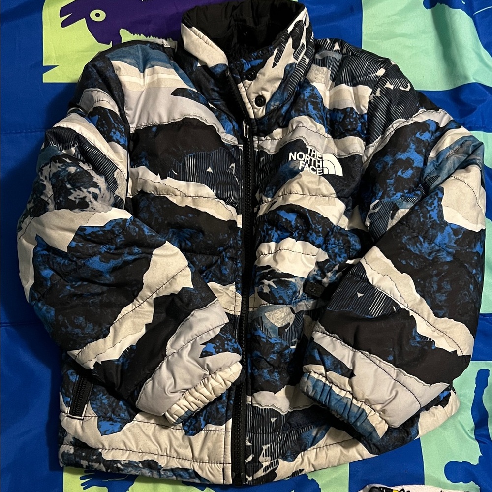 The North Face Blue, Black, and White Patterned Jacket
